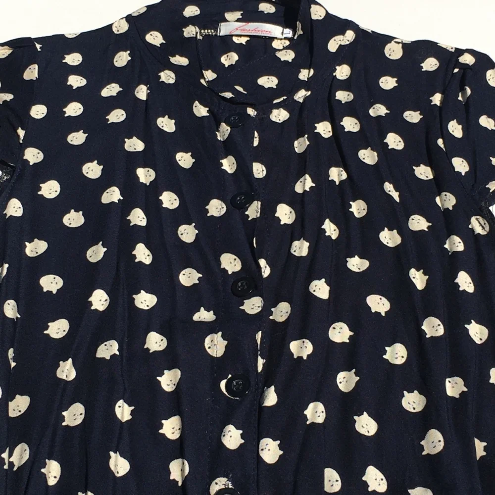 Kitten Face Polka Cat Shorts Romper Jumpsuit Size L (Fits like Small) Navy Blue - Picture 3 of 4
